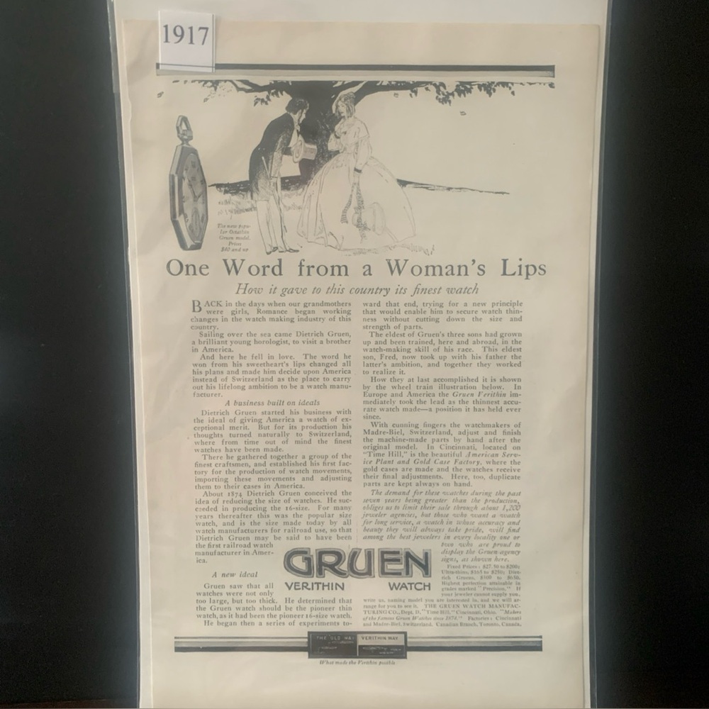 Vintage 1917 Gruen Verithin Watches One Word From Woman's Lips Ad Advertisement